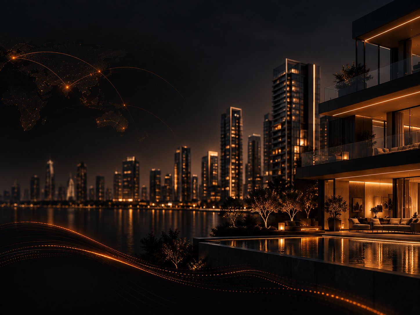 Luxury hospitality property beside a city skyline