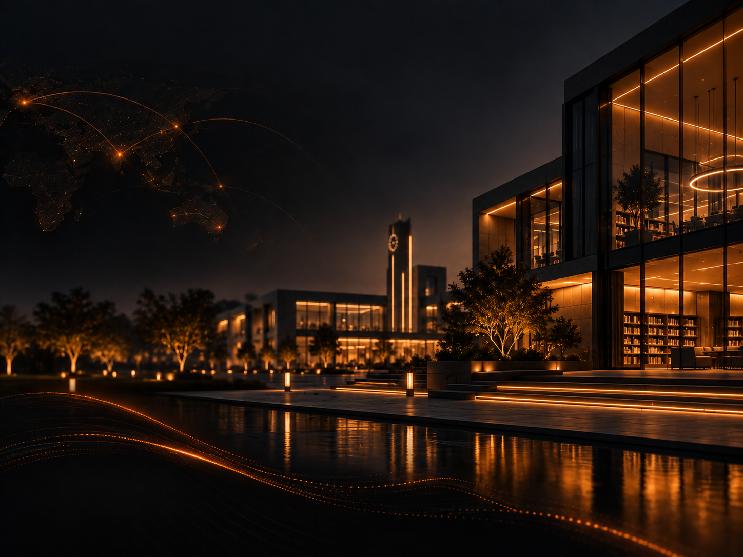 Contemporary education campus at night